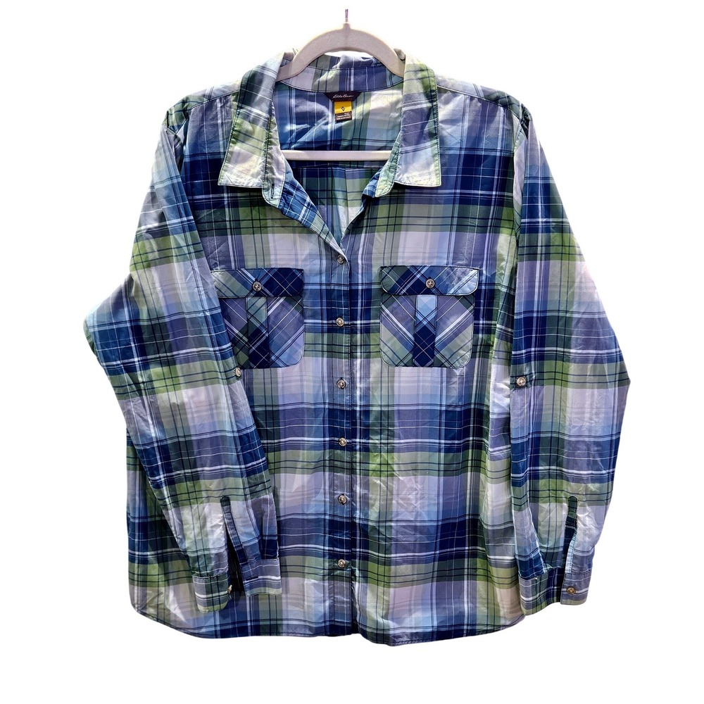 Eddie Bauer Womens 2XL Blue‎ Green Plaid Quick-Dry Button Up Shirt Gorpcore #416